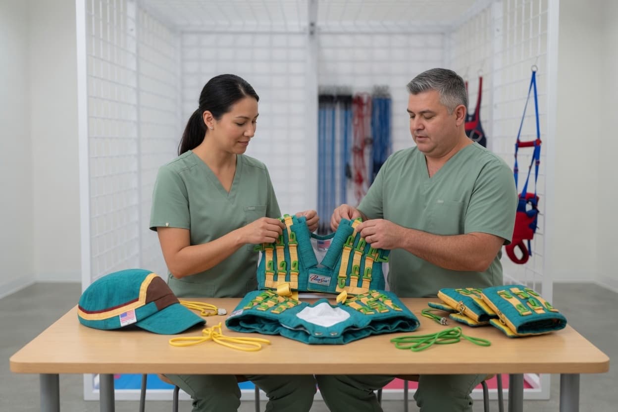 Two therapists assembling the PediaSuit cap, vest, and knee pads